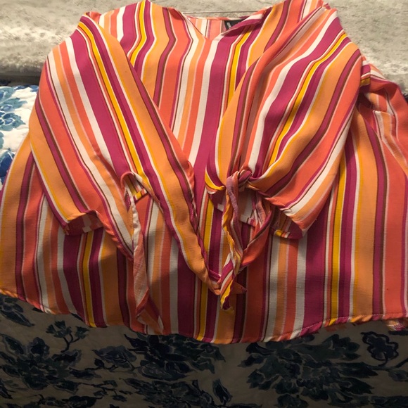 EUC Kristen Nicole 3/4.Tie Sleeves Orange, White, Pink & Mauve Striped Blouse - Picture 4 of 5